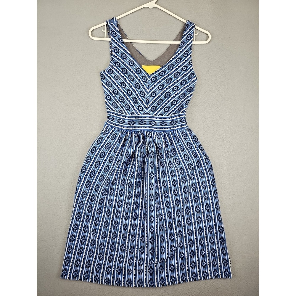 Maeve Anthropologie Fit & Flare Dress Size 0 Blue Striped Aztec Sleeveless Lined
